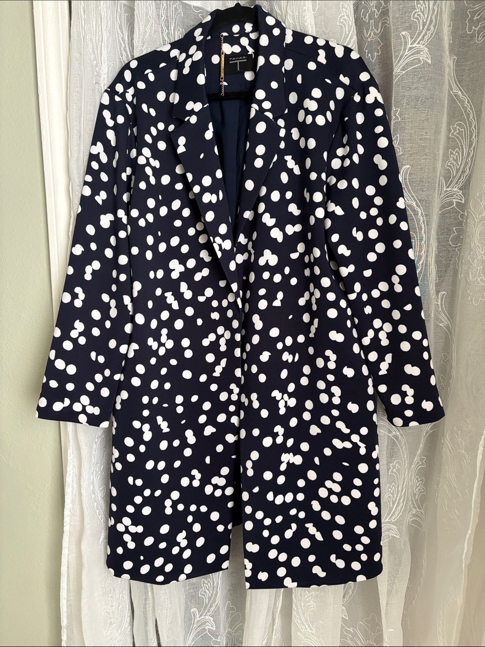 Tahari Navy & White Polka Dot Long Blazer Jacket